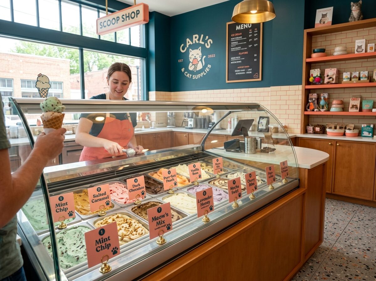 Server scooping ice cream into a waffle cone at the bright teal-and-honey flavor case